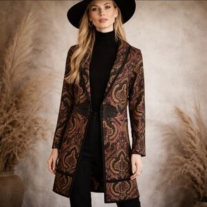 Long Sweater Knit Duster Jacket Black/rust/Tan Maximalist Wool Blend Sz S